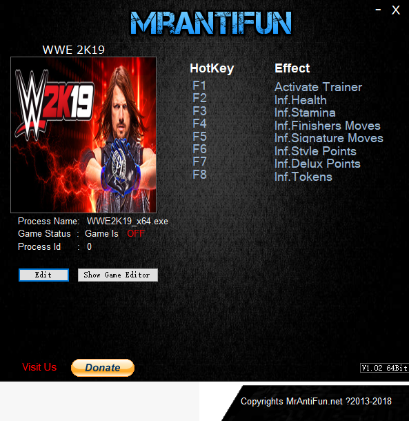 WWE2K19七项修改器 v2018.10.07 MrAntiFun版