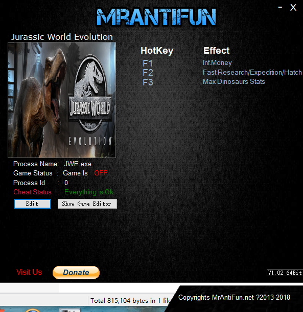 侏罗纪世界：进化五项修改器 v1.2.1.34159 MrAntiFun版