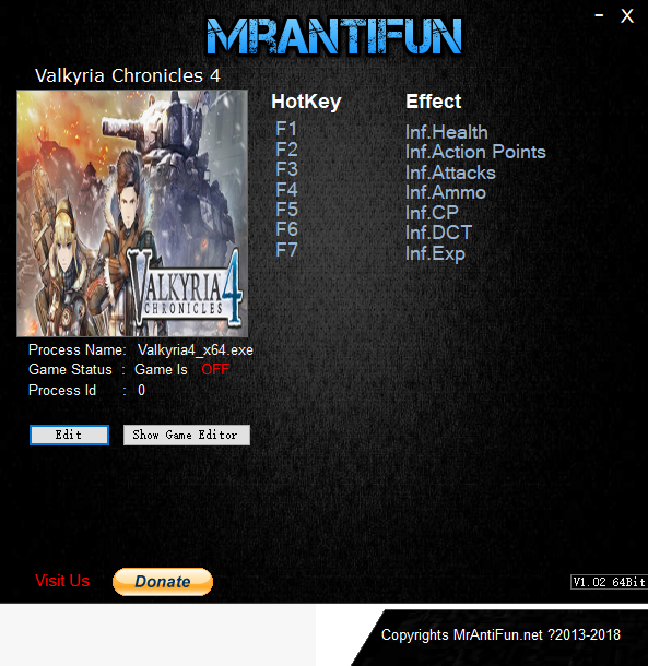 战场女武神4七项修改器 v2018.10.08 MrAntiFun版