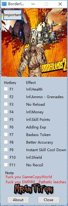 无主之地2十二项修改器 v1.7 MrAntiFun版