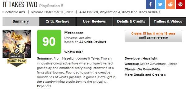 《双人成行》媒体评分解禁 M站均分90，全网好评如潮