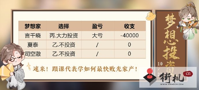 《花亦山心之月》10.22梦想投资选项攻略